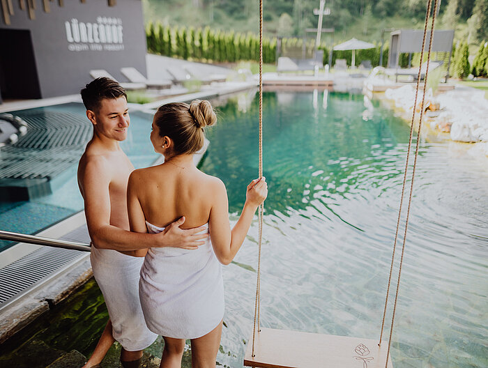 A couple enjoys their time in the adults-only area at the Lürzerhof wellness hotel in Salzburg.