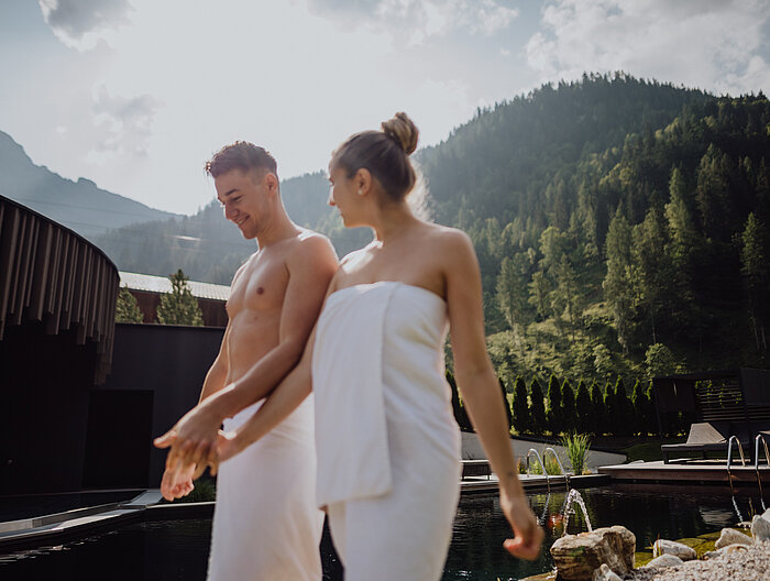 A couple enjoys their time in the adults-only area at the Lürzerhof wellness hotel in Salzburg.