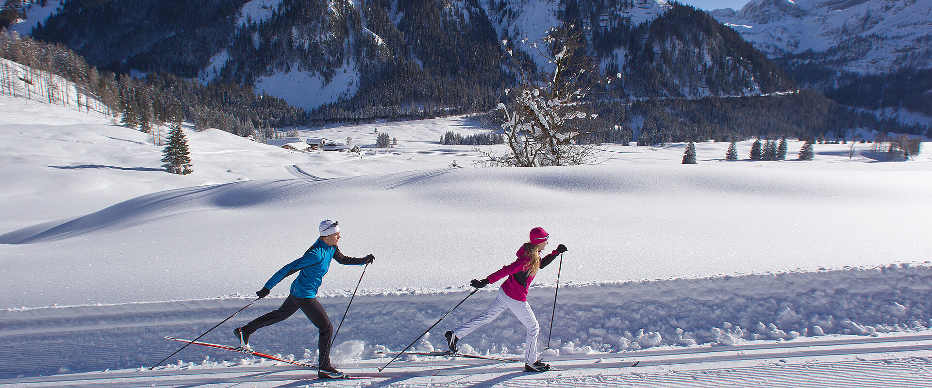 Cross-country skiers on a cross-country skiing vacation in Austria