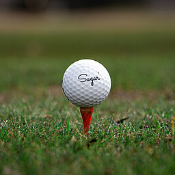 Golf ball on red tee on a golf course