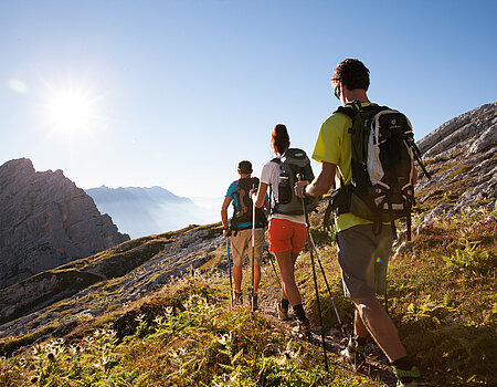 Hiking group with trekking poles on a mountain trail in sunshine
