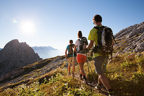 Hiking group with trekking poles on a mountain trail in sunshine